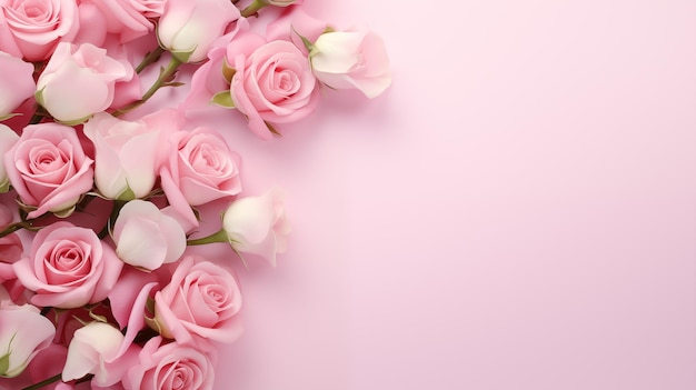 Elegante borde de rosa en fondo rosa pastel con espacio para copiar