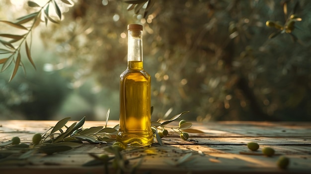 Una elegante botella de aceite de oliva su rico líquido dorado brillando en la suave luz puesta contra un telón de fondo de ramas de olivo en una mesa de madera rústica