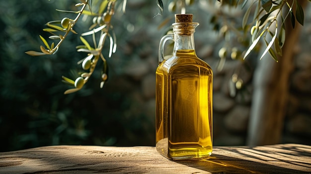 Una elegante botella de aceite de oliva su rico líquido dorado brillando en la suave luz puesta contra un telón de fondo de ramas de olivo en una mesa de madera rústica