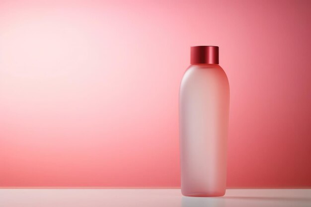 Elegante botella de cosméticos ovalada de 10 libras contra un fondo rosado suave ideal para maquetas de marca de belleza