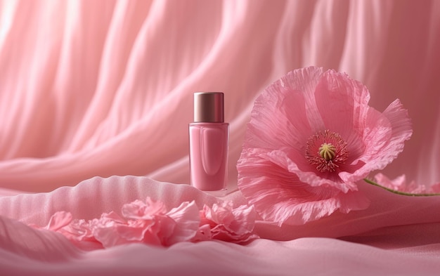 Elegante botella de esmalte de uñas rosado con delicadas flores de amapola en tela de satén