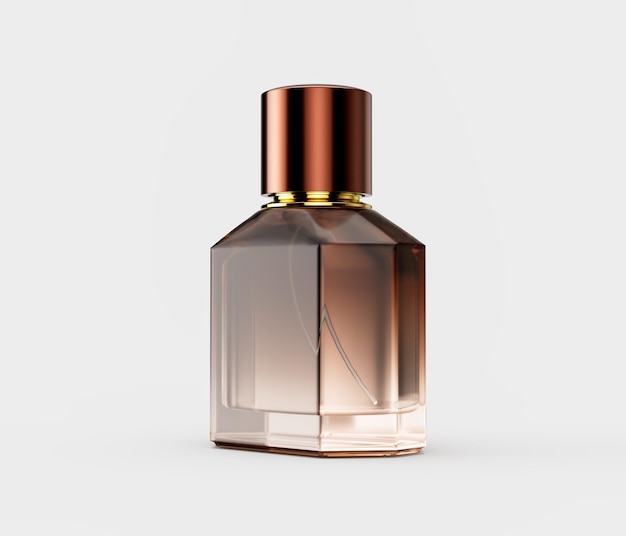 Elegante botella de perfume de cristal de tono ámbar con una tapa de cobre pulido brillante Ilustración 3D