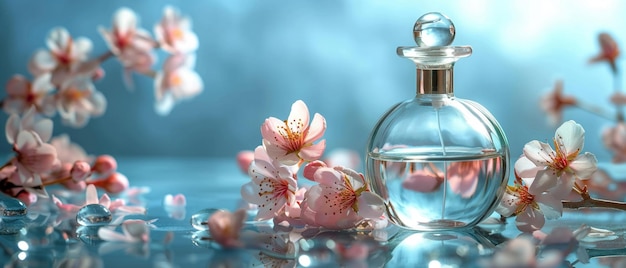 Elegante botella de perfume de vidrio rodeada de delicadas flores de cerezo sobre un fondo azul reflectante