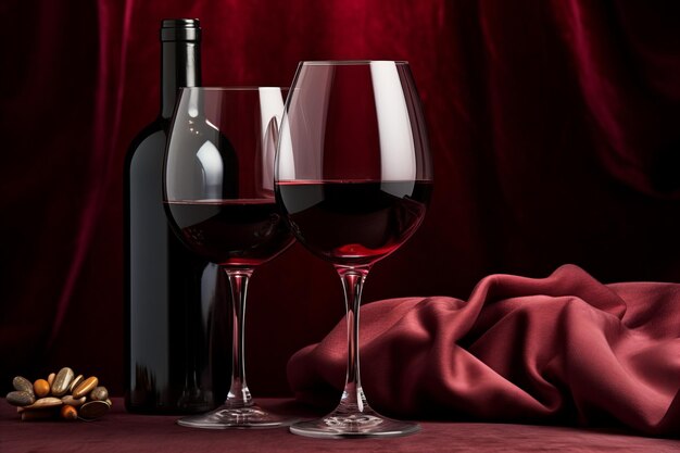 Elegante botella de vino rojo en una lujosa almohada de piel con vasos vacíos sobre un fondo de melocotón