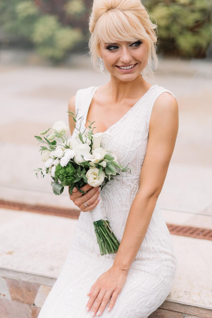 Foto elegante braut in einem schönen weißen kleid hält am hochzeitstag einen blumenstrauß