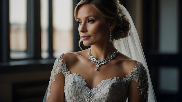 Elegante Braut in Hochzeitskleidung mit Diamantenhalskette