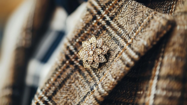 Elegante broche de flores de oro y diamante fijado en la solapa de una chaqueta de tweed marrón