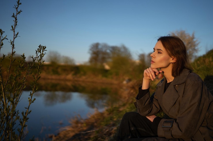 Foto elegante brünette frau sitzt vor sonnenuntergang neben dem see