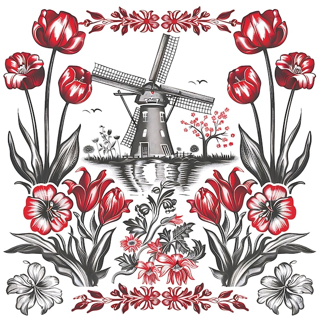 Elegante bulbo de tulipa Desenho de bordas com motivos de moinho de vento Decoração de moldura de borda Arte de rabiscos