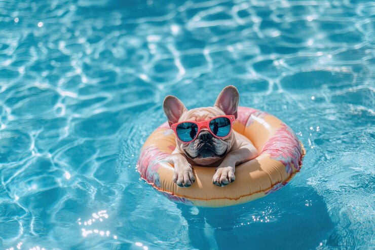 El elegante bulldog francés se relaja en una piscina de neón flotando con brillantes gafas de sol