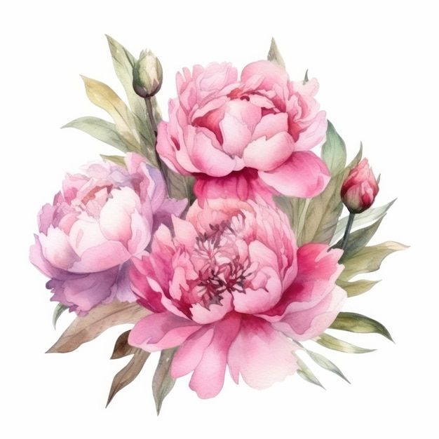 Elegante buquê de flores de peônia em aquarela Ilustração AI GenerativexA