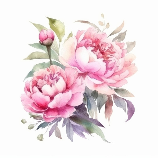 Elegante buquê de flores de peônia em aquarela Ilustração AI GenerativexA