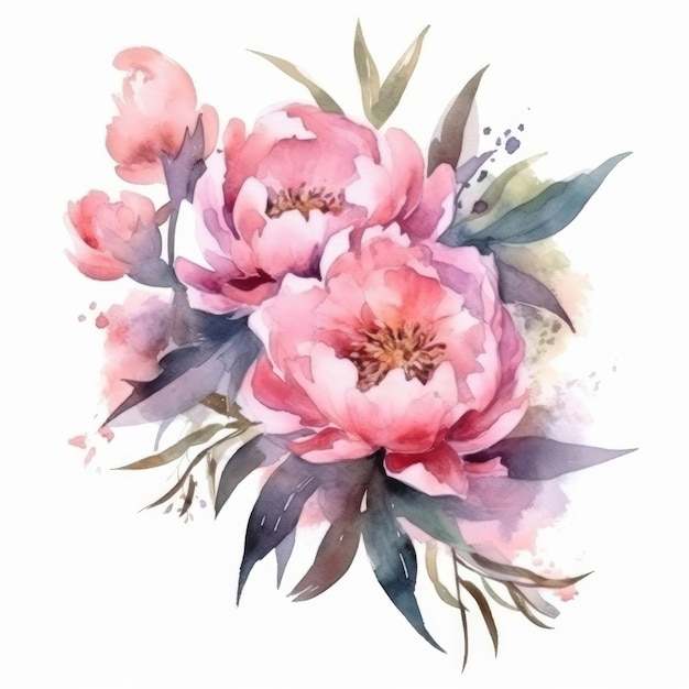 Elegante buquê de flores de peônia em aquarela Ilustração AI GenerativexA