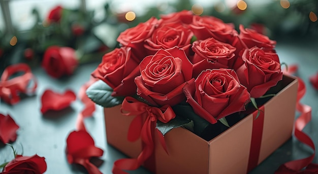 Foto elegante buquê de rosas vermelhas em uma caixa perfeito para ocasiões românticas e dia dos namorados