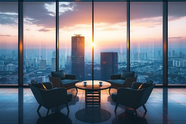 Foto elegante business-lounge in einem hochhaus mit panoramablick auf die stadt