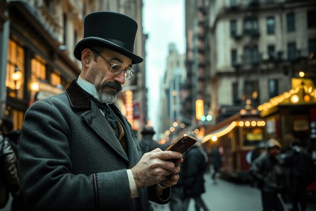 Un elegante caballero victoriano se maravilla de un teléfono inteligente en medio de una ciudad bulliciosa