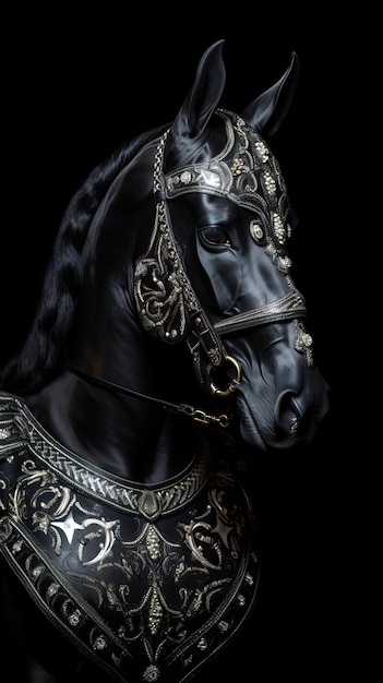 Elegante caballo negro con un ornamentado arnés de plata