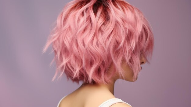 Elegante cabello de mujer de moda peinado rubio rizos grandes Hermosa chica de perfil con peinado profesional vista posterior Contenido de tonos rosados para peluquería salón de belleza ai imagen generativa