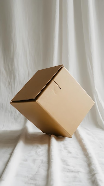 Foto elegante caja de cartón rectangular beige con tapa con bisagras sobre un telón de fondo blanco