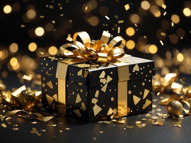 Elegante caja de regalo con adornos y confeti dorado sobre negro