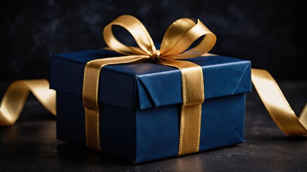 Elegante caja de regalo azul con cinta dorada en fondo oscuro