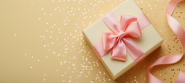 Elegante caja de regalo en color pastel con cinta rosada sobre un fondo amarillo brillante