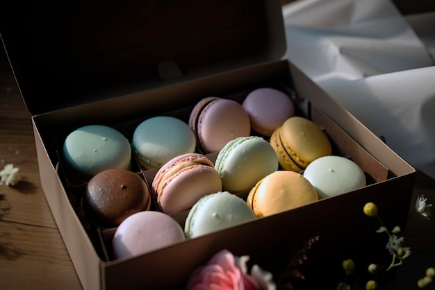 Elegante caja de regalo de macarons generada por IA