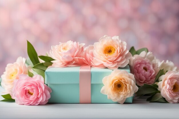 Elegante caja de regalo en medio de suaves flores rosadas