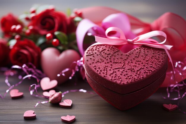 Elegante caja de regalo roja en forma de corazón con deliciosos chocolates y rosas rojas en la mesa de madera de San Valentín