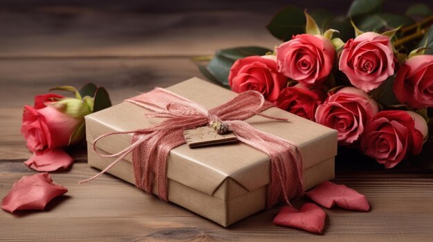 Elegante caja de regalos y rosas sobre un fondo de madera