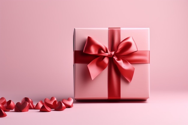 Elegante caja rosa, lazo rojo, fondo rosa, corazones rojos, perfecto para banners web