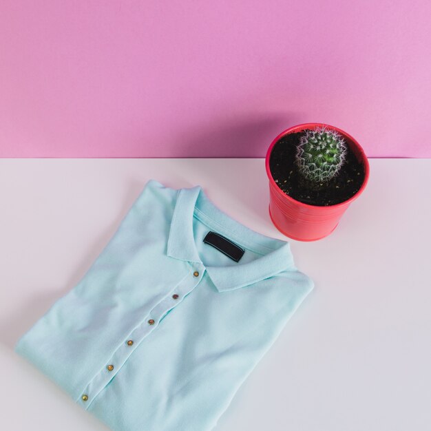 elegante camiseta polo azul y cactus sobre fondo rosa y blanco