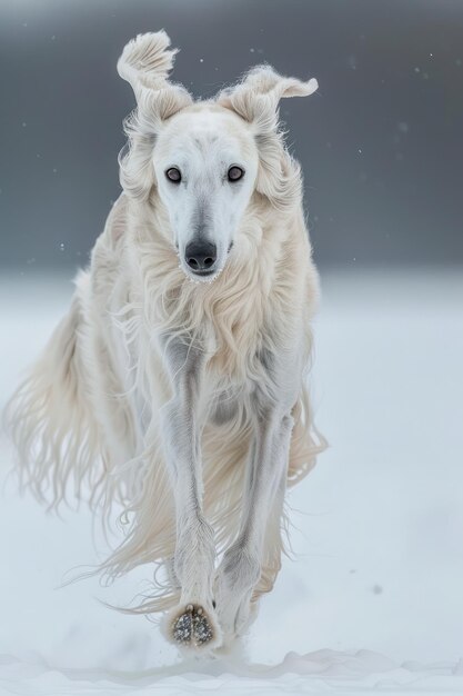 Foto elegante cão borzoi branco correndo graciosamente em fundo nevado em paisagem de inverno