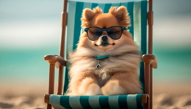 Elegante cão da Pomerânia descansando em uma cadeira de praia usando óculos escuros