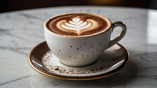 Elegante cappuccino espumoso em um copo de porcelana em uma bancada de mármore