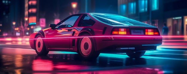 Elegante carro retrowave com luzes de néon iluminando as ruas da cidade