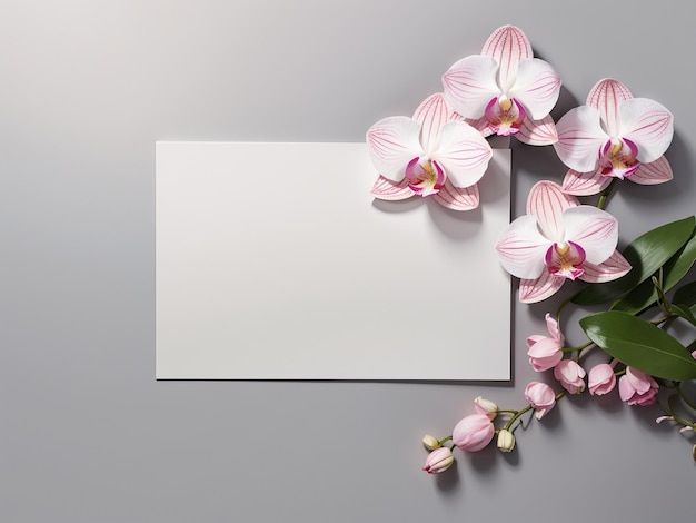 Foto elegante cartão branco em branco com flores de orquídea em fundo cinzento