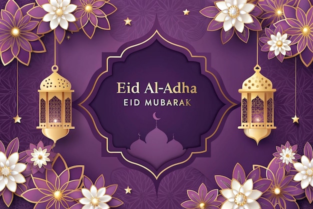 Elegante cartão de saudação de Eid AlAdha com lanternas, flores e estrelas
