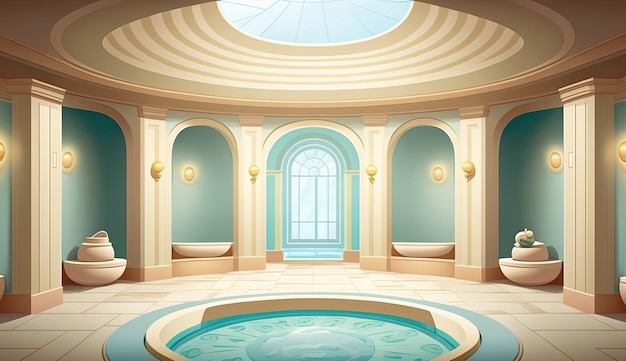 Elegante cartel interior de spa de bañera de bienestar real de lujo para centro de spa o baño romano en estilo de dibujos animados Ai generado