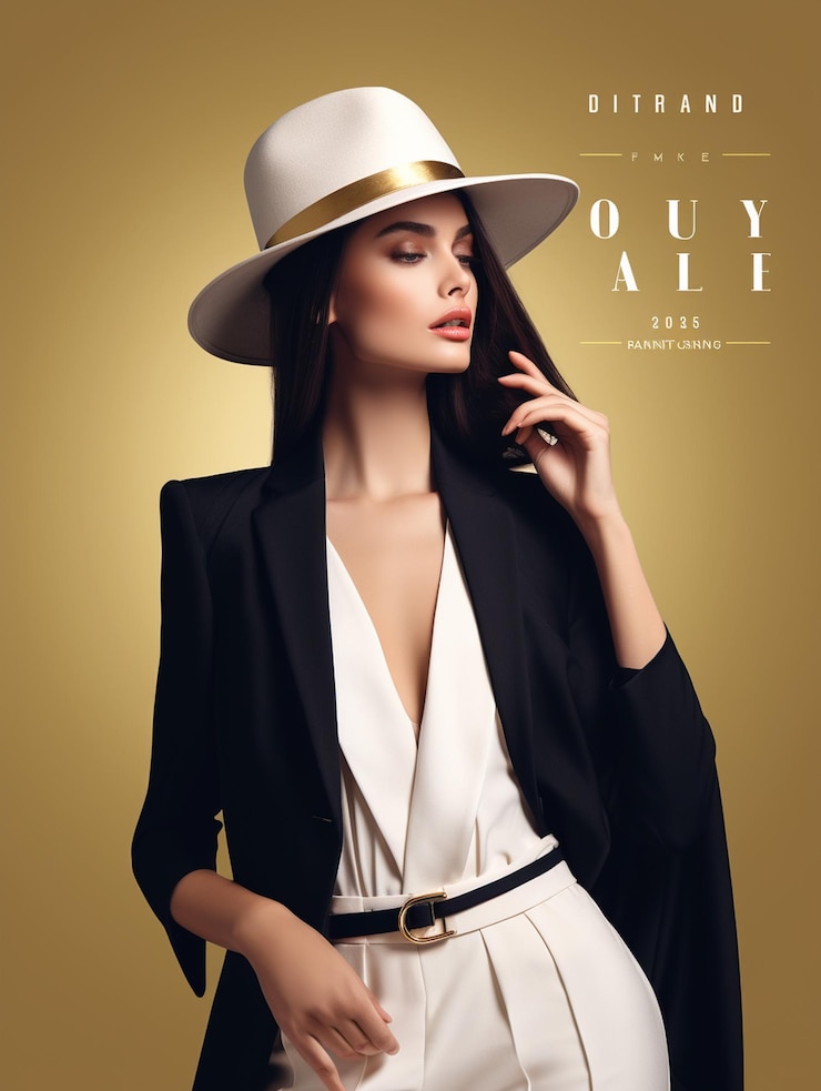 Foto elegante cartel de venta de moda con ropa de alta gama líneas elegantes y acentos dorados lujoso y atractivo