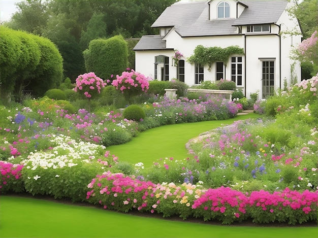 Una elegante casa blanca con un techo gris y un gran jardín del patio delantero