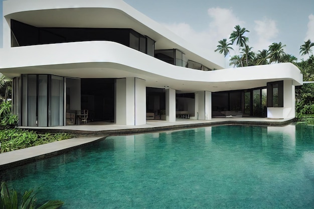 Elegante casa familiar en casa moderna exterior con gran piscina