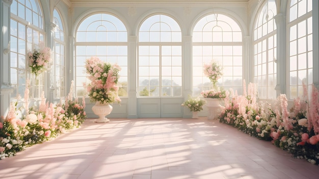 La elegante casa de vidrio inglesa está llena de flores pastel