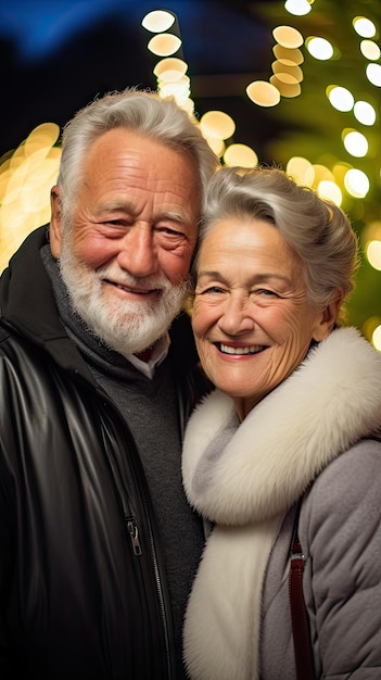 Elegante casal mais velho abraçando e cercado por luzes de Natal