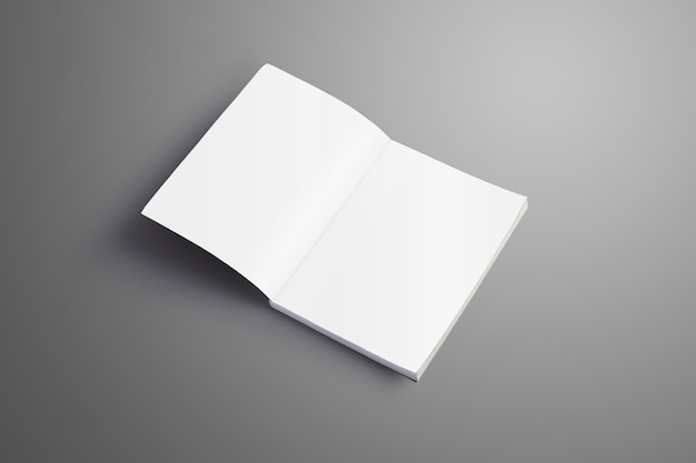 Elegante catálogo en blanco A4, (A5) con suaves sombras realistas aisladas en superficie gris. Folleto abierto en la primera página y puede usarse para su exhibición.