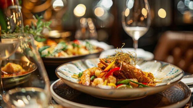 Una elegante cena tailandesa con platos ornamentados de mariscos, curry, verduras fritas y pescado crujiente