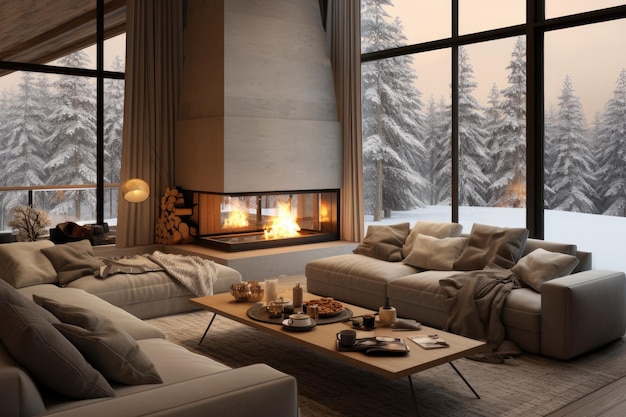 Un elegante chalet de campo con una gran ventana panorámica que ofrece vistas al bosque de invierno retrata ac