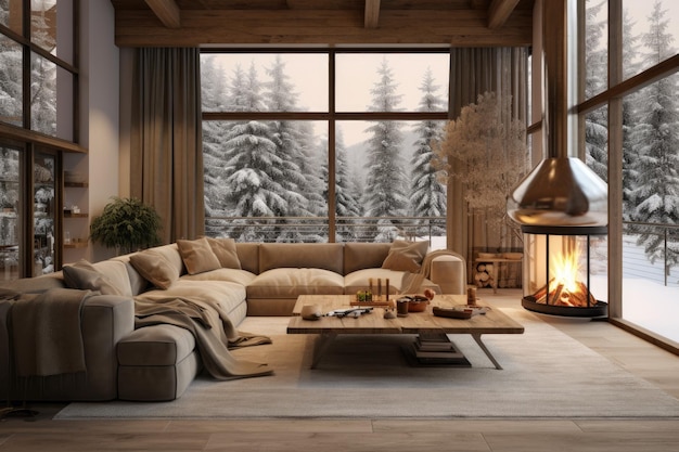 Un elegante chalet de campo con una gran ventana que ofrece una vista panorámica del bosque de invierno encarna un