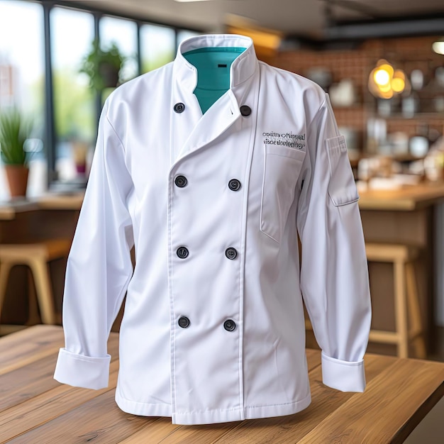 Una elegante chaqueta blanca de chef en exhibición en una cocina elegante