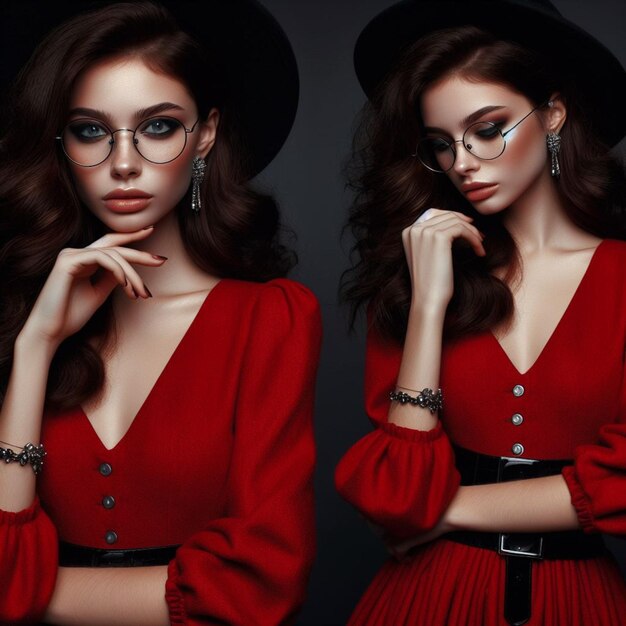 Foto una elegante chica hipster de glamour en vestido de moda rojo sombrero negro y gafas